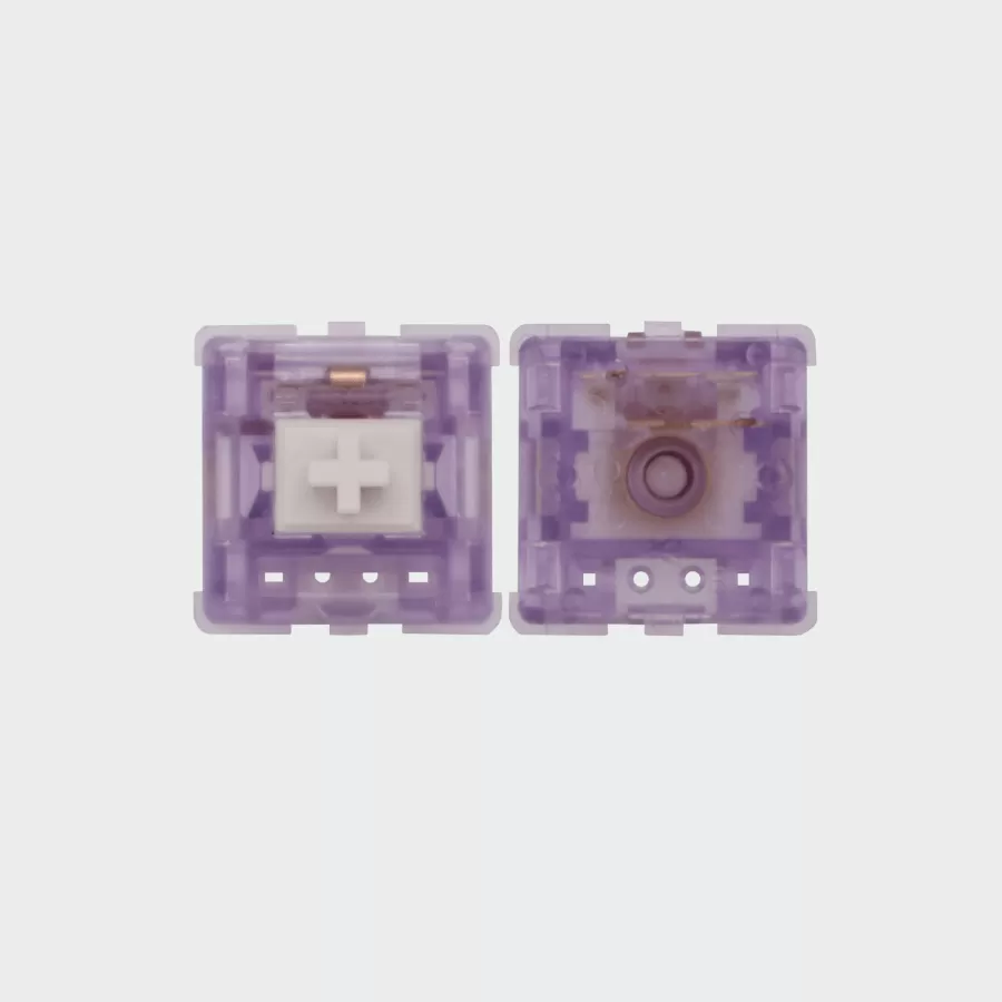 Back and front of a lavender linear mechanical keyboard switch